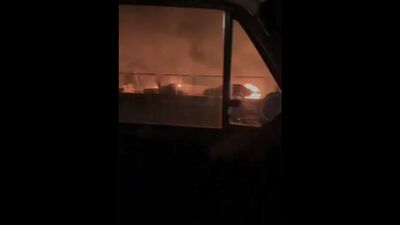 28/02/2022. Бровары. вечер. только что уничтоженный ракетным ударом блокпост украинской армии